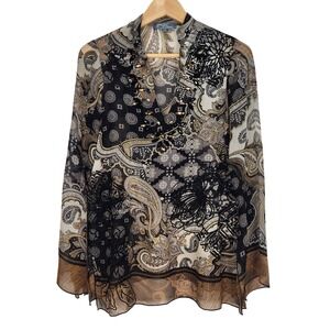 Hale Bob Lounge XS Black Paisley Beaded Sheer Silk Blouse Flowy Velvet‎ Embossed